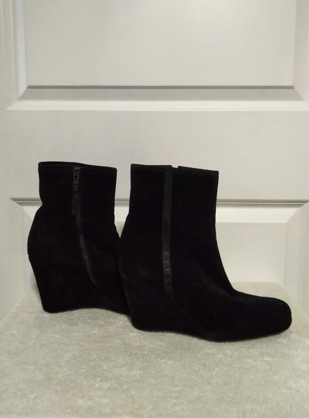 Authentic Prada Black Wedge Suede Boots - Size 40 1/2